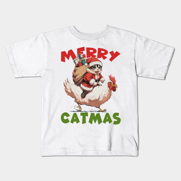 Merry Catmas - 4, Funny Cute Cat on a Chicken Kids T-Shirt by Megadorim